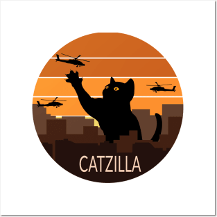 Catzilla, fighting off attack helicopters Posters and Art